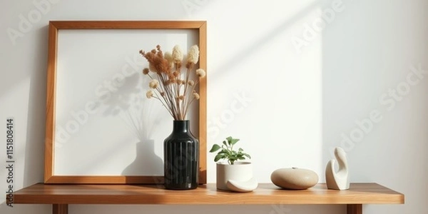 Obraz Serene Minimalist Home Decor Featuring Dried Flowers in a Black Vase and Modern Sculptures