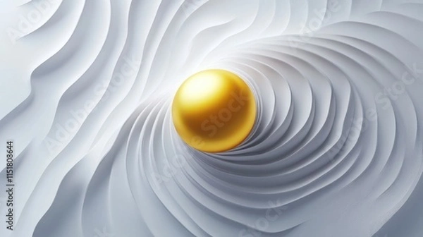 Fototapeta A yellow 3D illustration of a golden sphere, like a solar yolk, nests among fresh, orange eggs, a breakfast of light and space