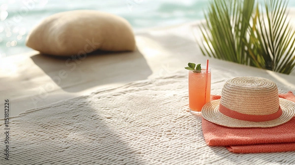 Fototapeta Vibrant summer drink and straw hat by the poolside with palm shades