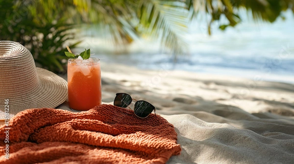 Fototapeta Summer essentials on a sandy beach with a vibrant orange towel