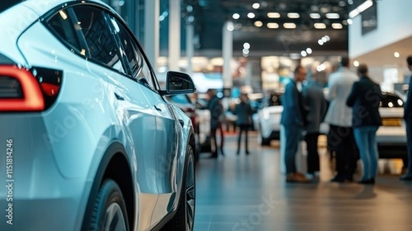 Fototapeta Attendees explore the latest electric vehicle models displayed at a bustling auto expo, engaging in discussions about technology and sustainability