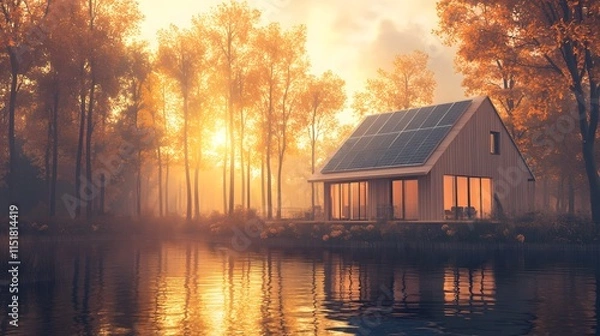 Obraz A serene lakeside home surrounded by autumn trees and sunlight reflecting on the water.
