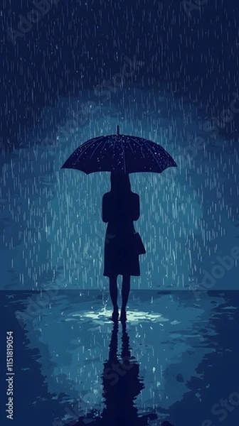 Fototapeta Blue raindrops falling on a flat vector illustration of an umbrella, with simple line art and a minimalistic style