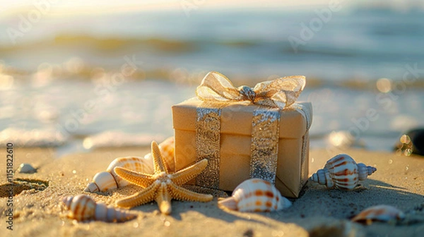 Fototapeta Holidays celebration on the exotic place. Present or gift box with a bow placed on the sandy beach. Surprise, happiness, and holiday gifting. Copy paste empty place for text