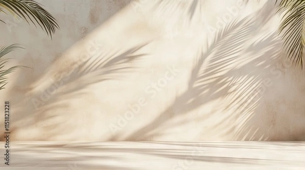 Fototapeta Minimal product display with palm leaf shadows on warm beige plaster wall, luxury summer architecture interior aesthetic, boho home décor, product platform stage mockup