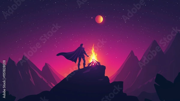 Obraz Illustration of a Hero by a Campfire Under a Starry Sky in a Minimalistic Style