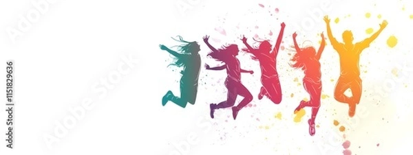 Obraz Group of people jumping for joy, a flat vector illustration on a white background