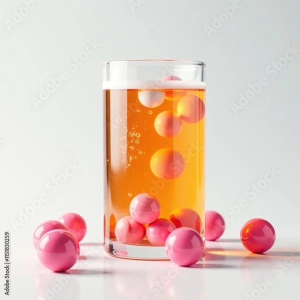 Fototapeta Glass container with fizzy orange liquid and white pills floating on surface surrounded by pink spheres, objects, liquid, bottles
