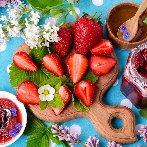 Fototapeta The season of strawberries and flowers. The view from the top.