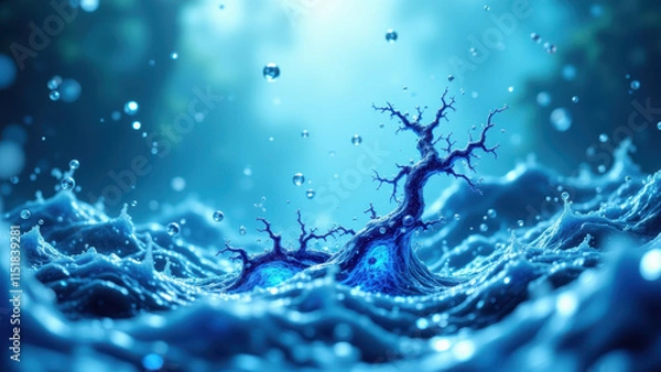Fototapeta An artistic representation of semaglutide, featuring a blue liquid with water droplets, encapsulated within the shape of its molecular structure.