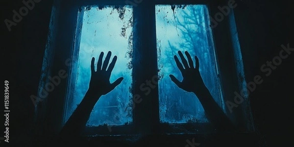 Obraz Mystical Silhouettes of Hands on Blue-Backlit Window
