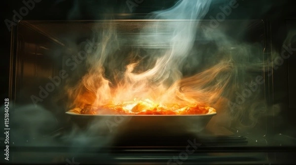 Fototapeta Close-Up of Flames and Smoke Emanating from a Dish in a Microwave Oven, Signifying Cooking Mishap and the Importance of Kitchen Safety Measures