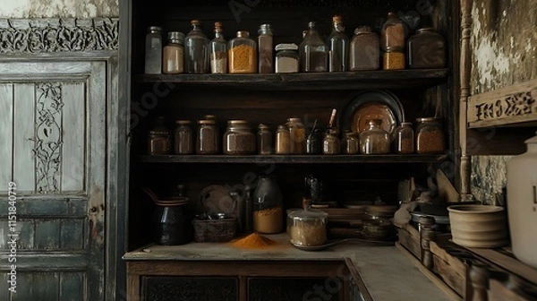 Obraz An old rustic kitchen with shelves full of glass jars and a wooden counter with spices