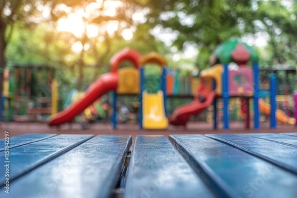 Obraz Blue Wooden Table with Blurred Playground Background
