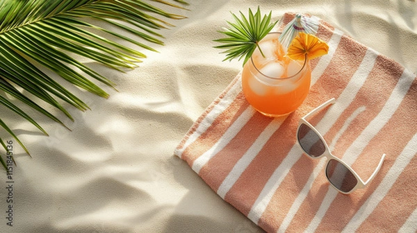 Fototapeta Striped towel with sunglasses and a tropical drink on sandy beach and palm shadow