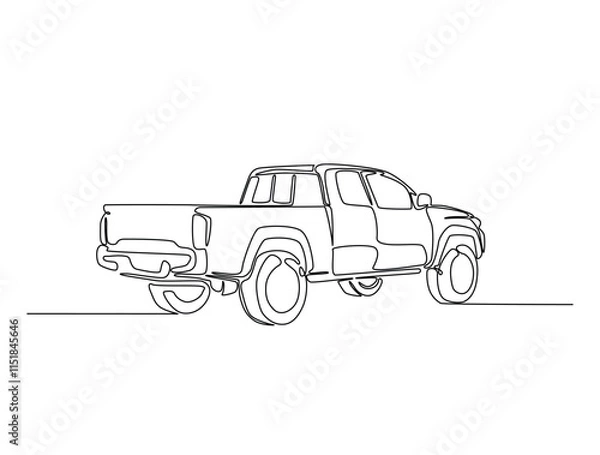 Fototapeta Continuous line drawing art of pickup truck in the road. Pickup car illustration in simple outline design. Editable stroke vector.