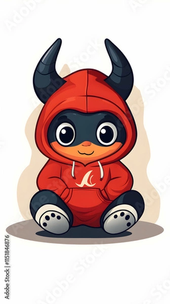 Obraz Cute Devil Mascot in Red Hoodie, Sitting, Cartoon Style,  White Background, Logo Design.