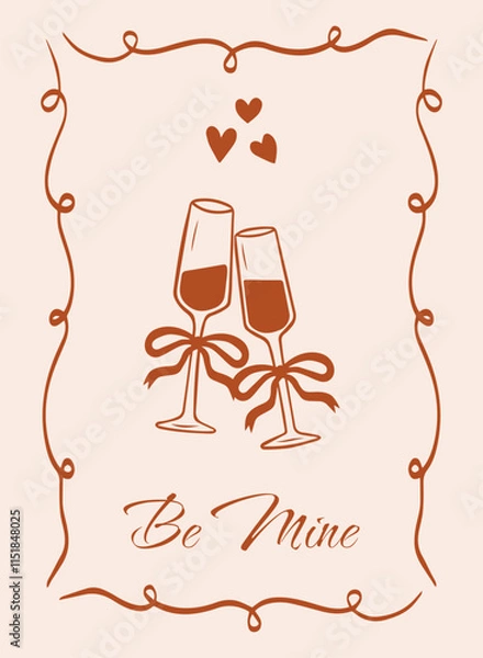 Fototapeta Valentine's Day card in vintage and elegant coquette style. Champagne glasses with bows and hearts clink. Romantic retro flyer with the words "Be mine." Vector hand drawn illustration.