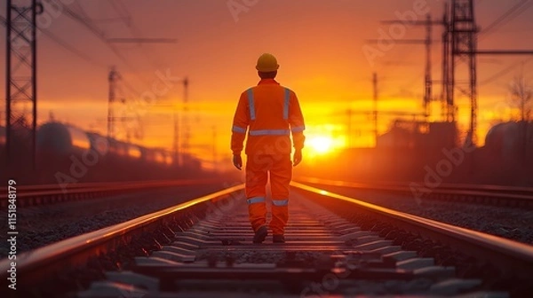 Obraz Silhouette of railway maintenance worker at sunset. High-vis safety uniform and hard hat. Train tracks perspective with golden hour lighting. Industrial photography capturing railway engineering.
