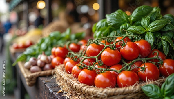 Fototapeta Fresh cherry tomatoes with vibrant green leaves at a market background