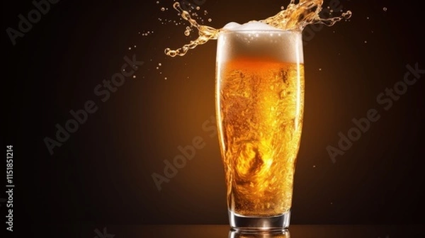 Fototapeta A tall glass of golden beer with frothy foam splashing over the rim, the vibrant amber liquid glistening under soft light, isolated on a transparent background