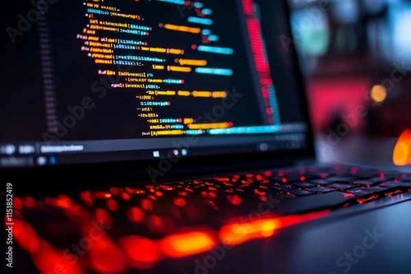 Obraz Code on a laptop with a dark background and vibrant syntax. Generative AI