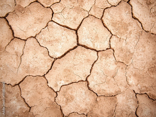 Fototapeta Cracked desert earth with deep fissures, showcasing dry soil texture