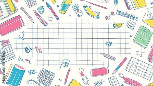 Obraz A playful horizontal banner with colorful school supplies and doodles on a checkered paper background