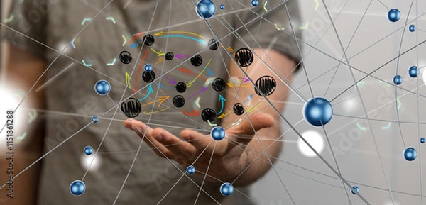 Fototapeta Global network. Blockchain. 3D illustration. Neural networks and artificial intelligence. Abstract