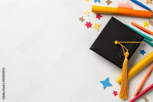 Fototapeta A playful 2D illustration of a colorful graduation cap with a bright tassel, surrounded by hand-drawn stars and confetti on a white background