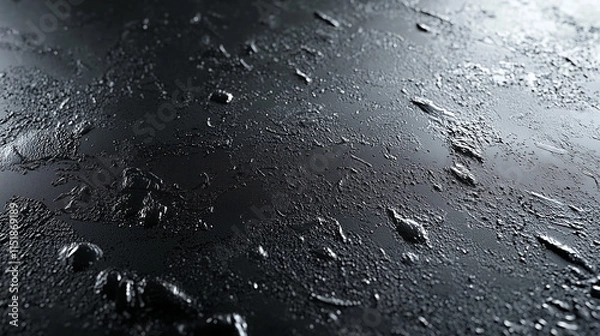 Fototapeta Textured surface with droplets reflecting light, creating an intriguing abstract pattern in dark tones.