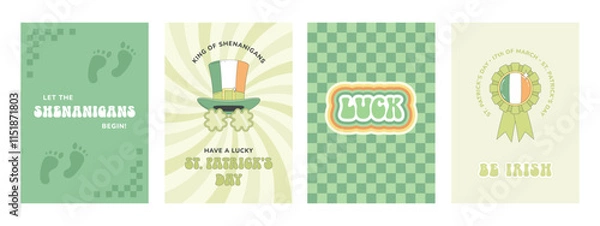 Fototapeta Happy groovy St. Patrick's day. Set of greeting cards, posters. Leprechaun hat, shamrock party glasses, rosette with Irish flag, leprechaun footprints, good luck wishes.
