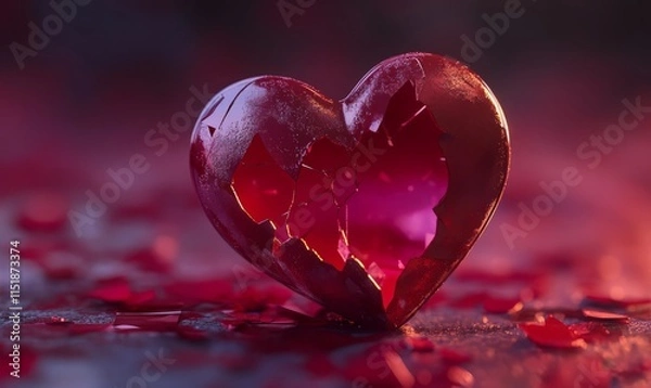 Fototapeta A Stunning Visual of a Shattered Heart Surrounded by Beautiful Rose Petals in a Soft Glow
