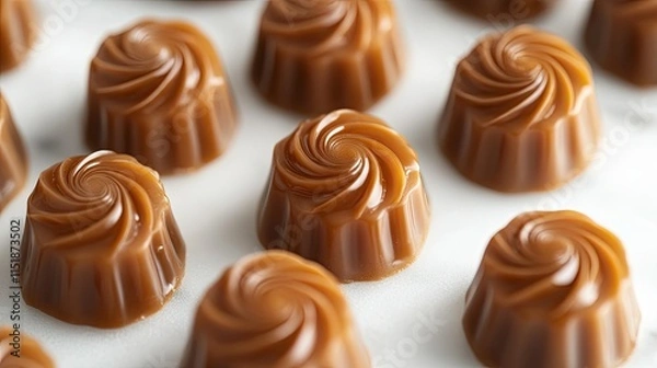 Obraz A group of caramel candies with detailed textures, arranged in a circular pattern on a white surface.