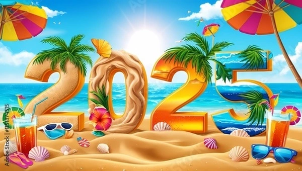 Fototapeta Tropical Summer 2025 Text with Holiday Vibes