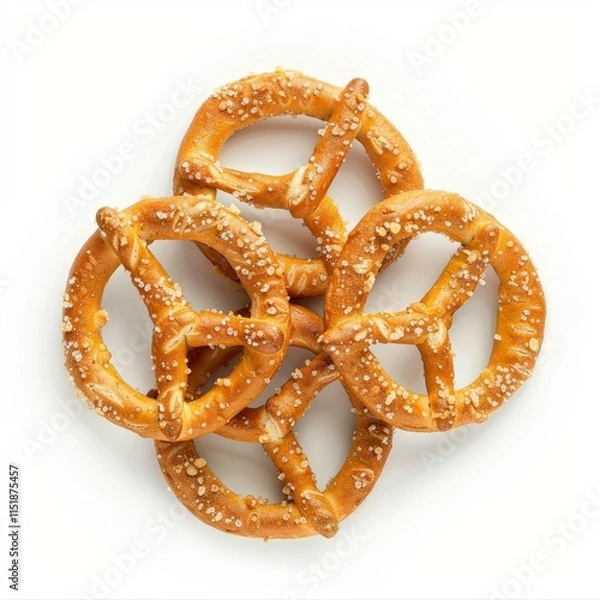 Fototapeta Four delicious pretzels forming a flower shape, seasoned with coarse salt, rest on a clean white backdrop