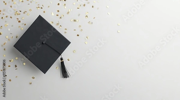 Fototapeta Elevated graduation invitation mockup featuring a classic academic cap on a light, minimalistic background surrounded by festive confetti for memorable celebration announcements