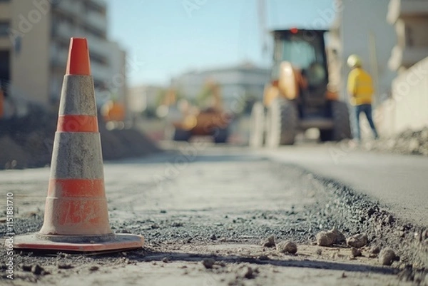 Fototapeta A close-up of construction cones on the road with a blurred background of workers paving.