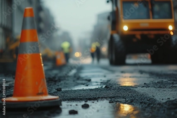 Fototapeta A close-up of construction cones on the road with a blurred background of workers paving.