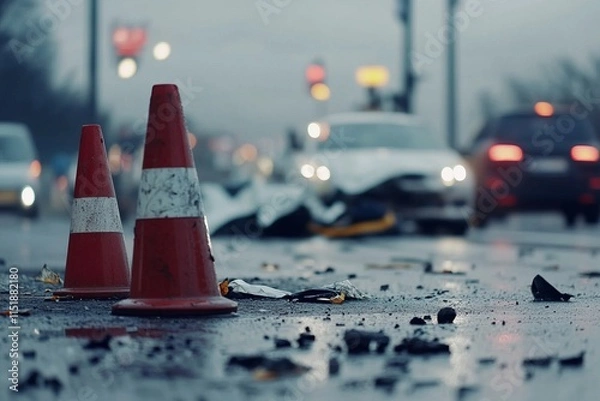 Fototapeta Close-up photo of construction cones on the road against the background of a traffic accident
