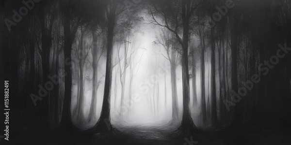 Fototapeta Ethereal Mist in Enigmatic Forest with Silhouetted Trees