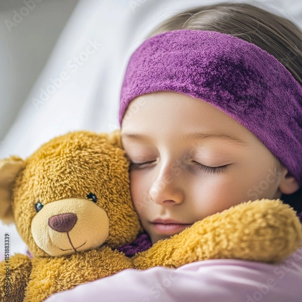 Fototapeta Close-up of a girl with sore throat sleeping hugging a teddy bear in a hospital room