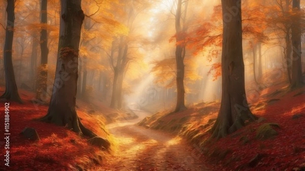 Fototapeta An enchanted forest in autumn, with tall, ancient trees whose golden, red, and orange leaves create a glowing canopy. A narrow path winds through the forest, covered in fallen leaves. Gentle sunlight 