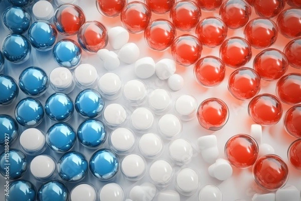 Fototapeta Colorful arrangement of spheres in red, white, and blue on a flat surface