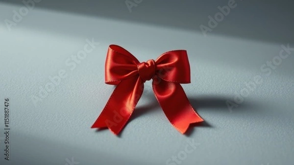 Fototapeta A vibrant red satin ribbon bow tied with a delicate flourish, casting a soft shadow on a textured gray surface.