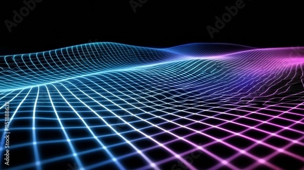 Fototapeta Abstract glowing waves in a grid pattern, rendered in neon blue and purple tones against a black backdrop, futuristic and tech-inspired design, high detail