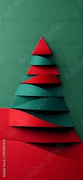 Fototapeta Paper folded red and green Christmas tree