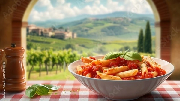 Fototapeta A bowl of vibrant penne arrabbiata bolognese in a spicy tomato sauce, topped with chili flakes and fresh basil leaves; placed on a checkered tablecloth with a scenic Italian vineyard 