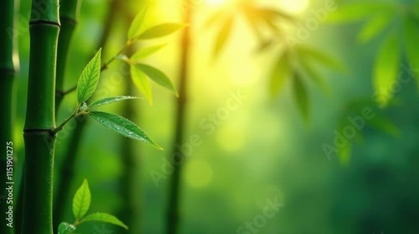 Fototapeta Serene Bamboo Grove at Dawn Lush Green Foliage and Dew-Kissed Leaves Basking in the Golden Sunlight