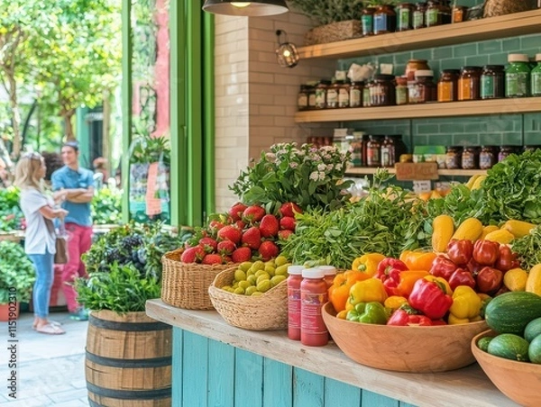 Fototapeta Holistic health business. Colorful market display with fresh fruits and vegetables under natural light.